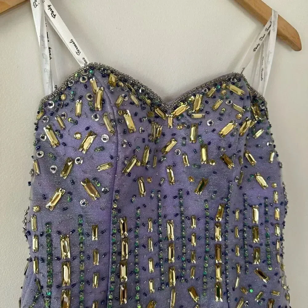 Party Time Formals Women’s Purple Iridescent All over Beaded Bodice Tulle Mini D